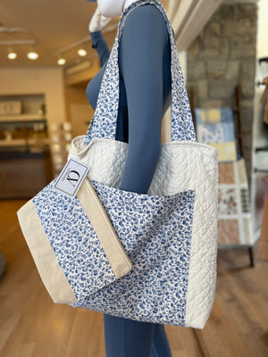 Quilted Blue Floral Tote Bag w/Cosmetic Bag