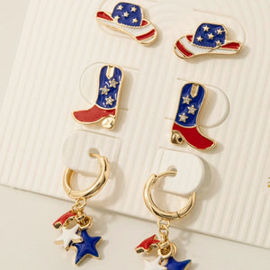 USA Western Hat Boots and Stars Earrings Set
