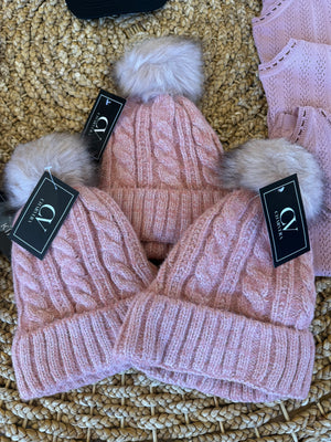 Pink Cable Knit Sherpa Beanie